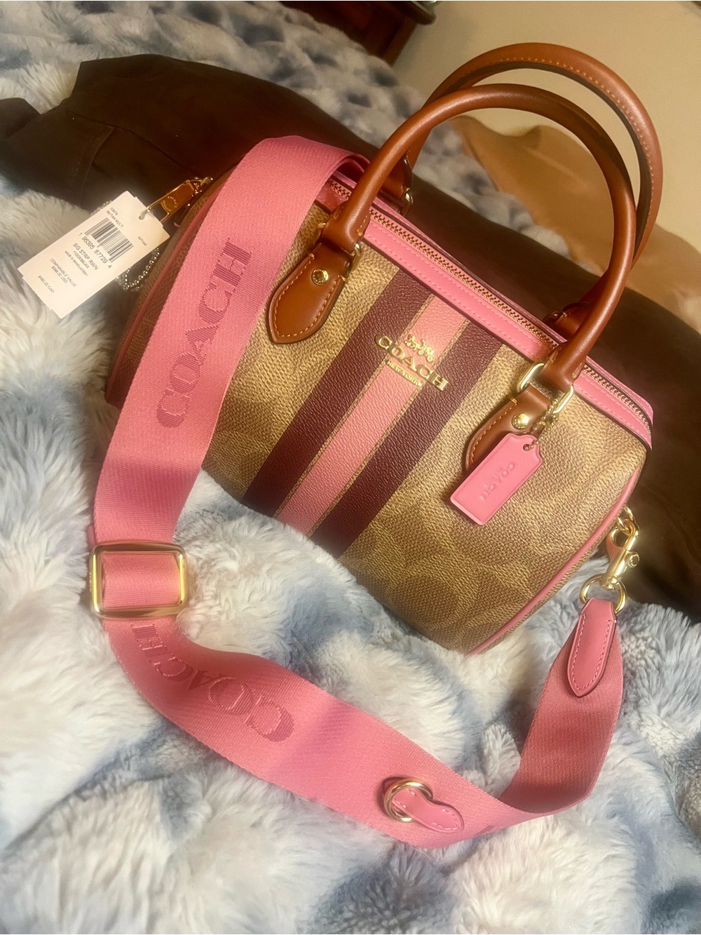 NWT COACH Stripe Med Rowan Satchel in Gold/Tan/Multi, Pink Widestrap - MSRP $398